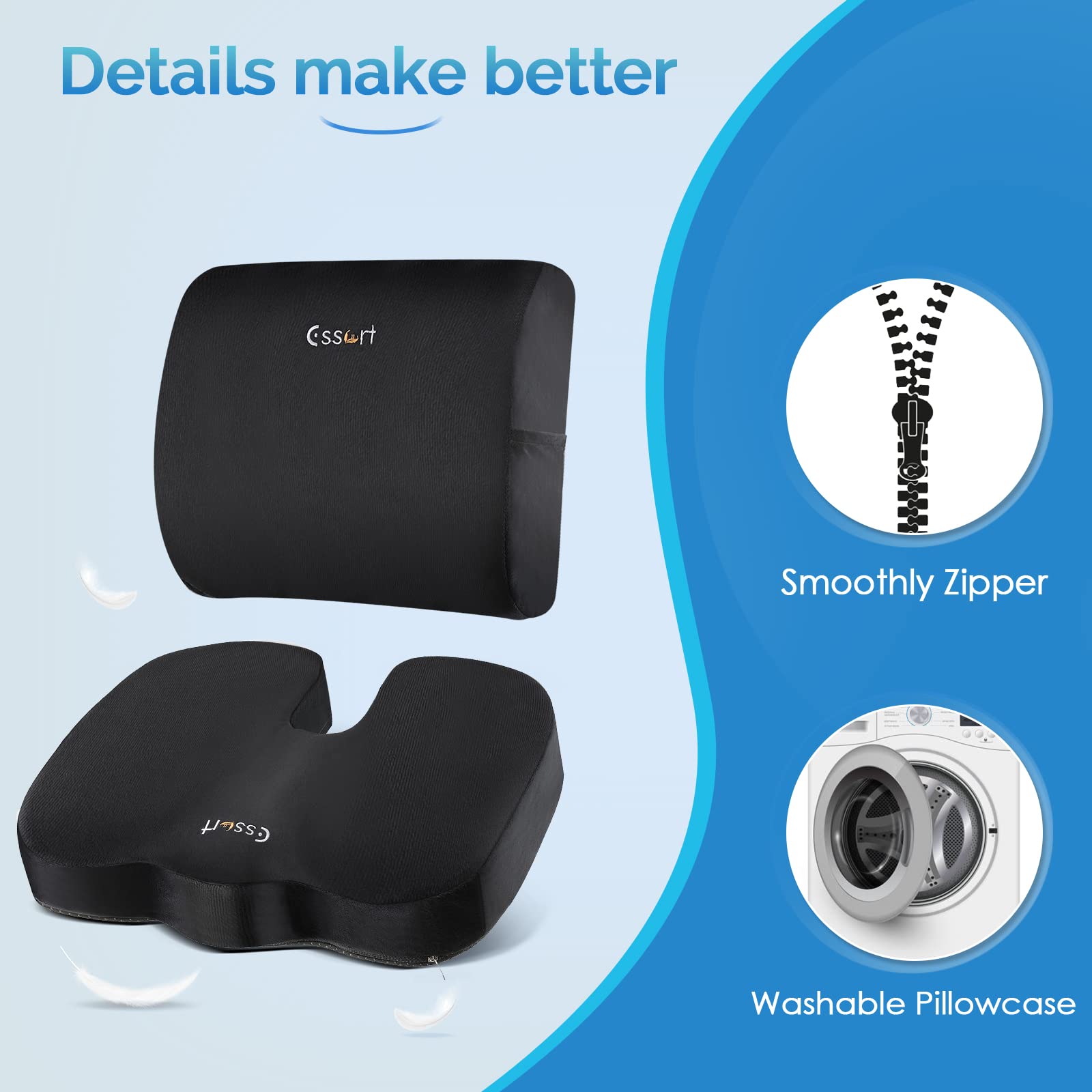 ESSORT Memory Foam Back and Seat Cushions Combo, Orthopedic Coccyx