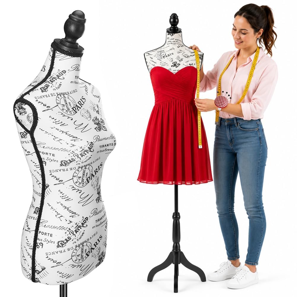 Maniquí Busto Sartorial Femenino De Costura para Prendas Ropa Tailleur Torso De Mujer Altura Ajustable para Vitrinas con Trípode Estructura De Madera 42 x 170 cm (Paris)