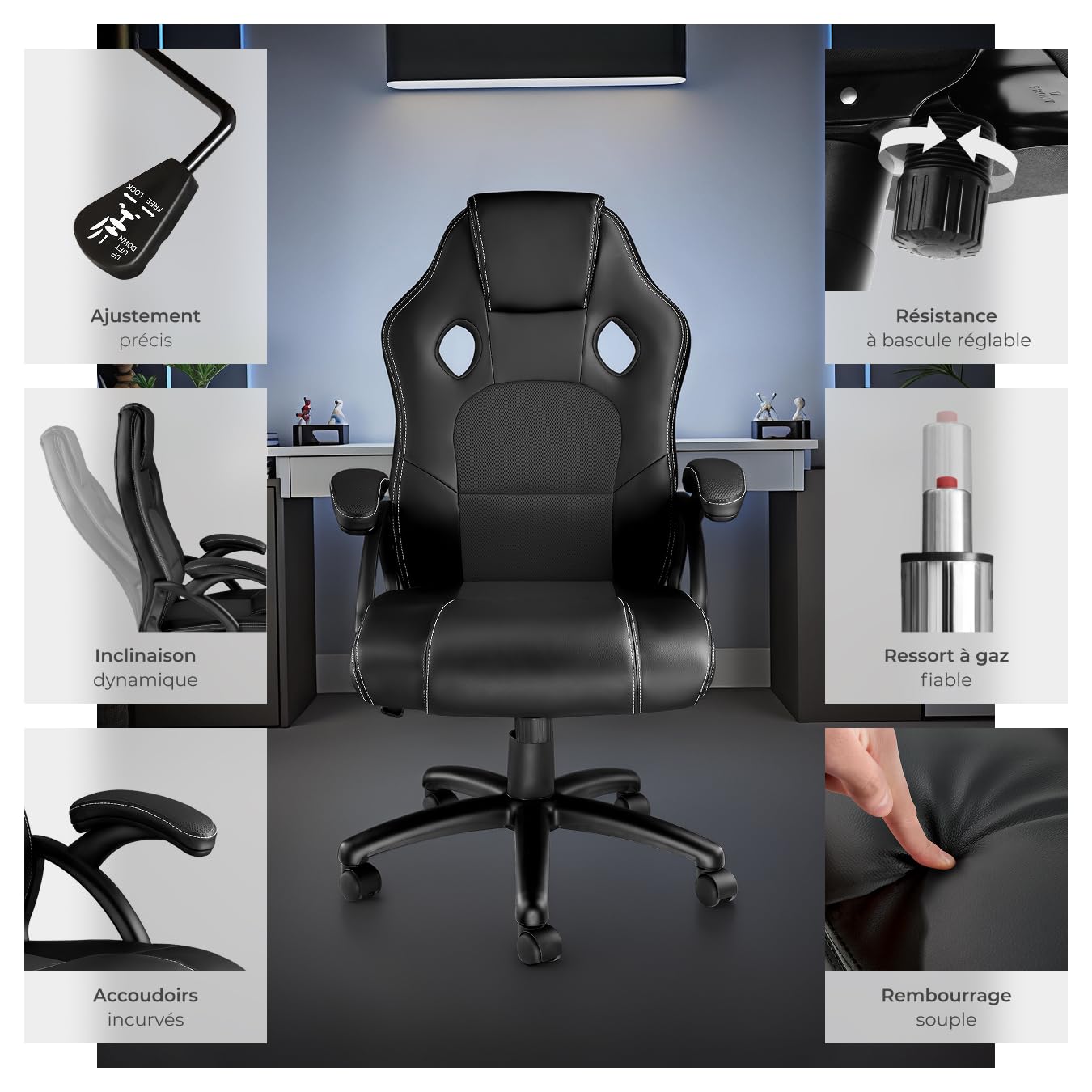 TecTake® Chaise de Bureau Fauteuil de Bureau Fauteuil pivotant Design Chaise Gaming, Siege Ergonomique, Fauteuil avec Accoudoirs, Rembourrage épais, Roulette, Hauteur réglable Teletravail