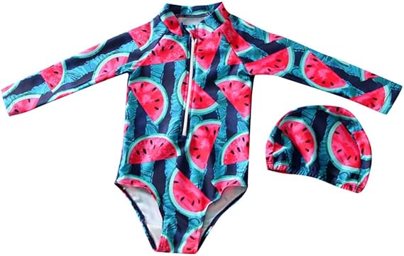 Amazon キッズ ワンピース 水着 水泳帽 2点セット 長袖 スイカプリント スイムウェア 子供 男の子 女の子 ビキニ ワンピース型 赤ちゃん 水着 人気 子供服 幼児 小学生 可愛い 安い スクール水着 ロンパース 夏 ビーチ 海水浴 水泳 水遊び ベビー水着 水着