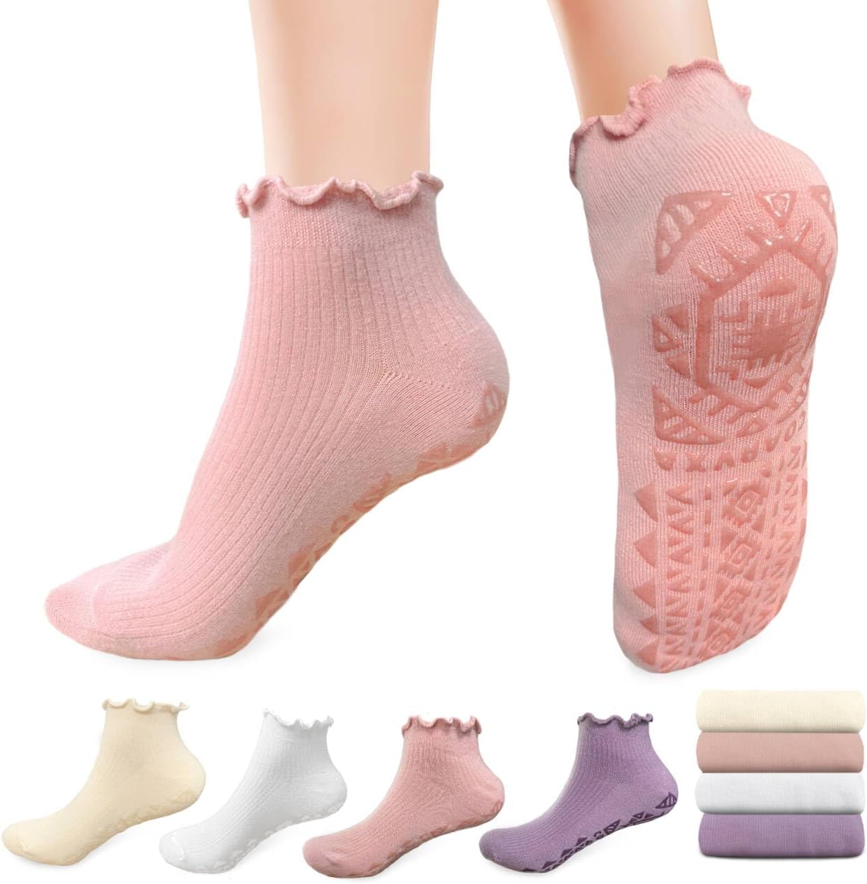 4 Pairs Cute Pilates Grip Socks for Women Ruffle Frilly Bow Embroidery Non Slip Grip Socks for Yoga, Barre, Barefoot
