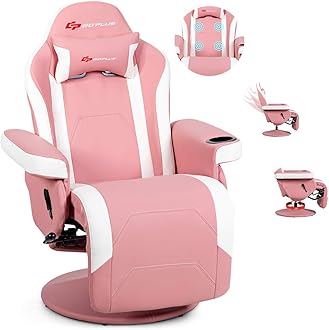 POWERSTONE Gaming Recliner Massage Gaming Chair with Cup Holder Ergonomic PU Leather Single Sofa with Footrest and Side Pouch, Adjustable Living Room Chair Home Theater Seating (Pink)