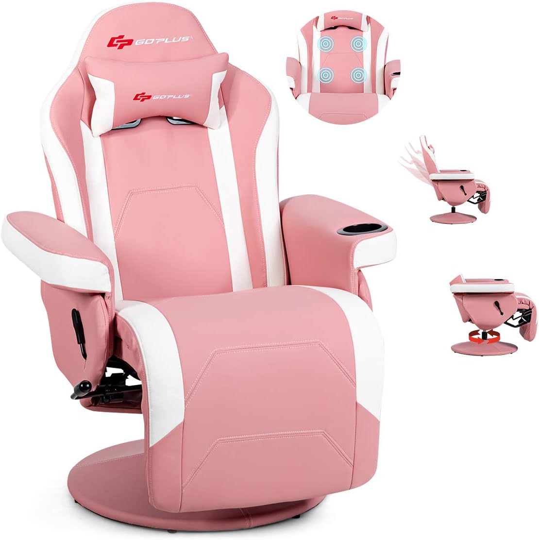 POWERSTONE Gaming Recliner Massage Gaming Chair with Cup Holder Ergonomic PU Leather Single Sofa with Footrest and Side Pouch, Adjustable Living Room Chair Home Theater Seating (Pink)
