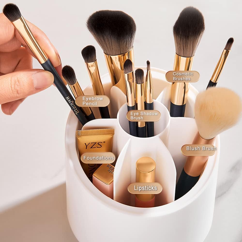 Feinerman 360° Rotating Makeup Brush Holder with Lid, Dustproof Cosmetic Brush Storage Box, Makeup Organizer for Vanity, Desk, or Bathroom Counter, Beauty Storage Box (White) 3