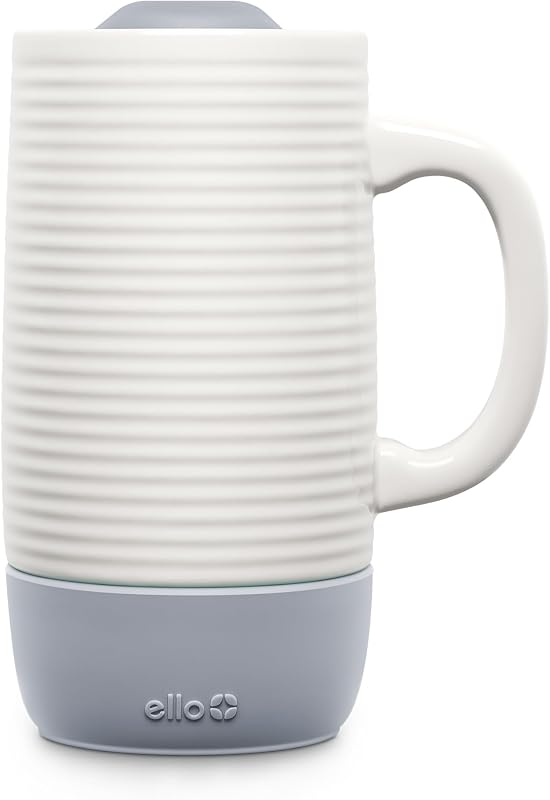 Ello Jane Taza de viaje de cerámica de 18 oz con asa, tapa deslizante resistente a salpicaduras y posavasos incorporado, perfecta para café y té, sin BPA, apta para lavavajillas, regalo navideño para él, gris | Vaso de café cerámico resistente a salpicaduras con asa y base de silicona. Sin BPA, ideal para bebidas calientes, té y regalos.