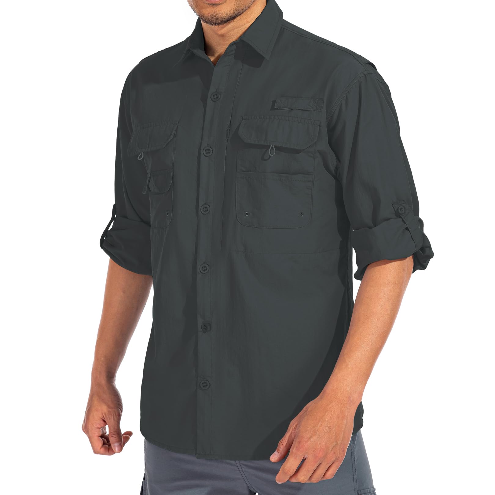 linlon Mens Safari Shirts Long Sleeve UV Protection Hiking Fishing UPF 50+ Quick Dry Cooling Camping Travel Shirts