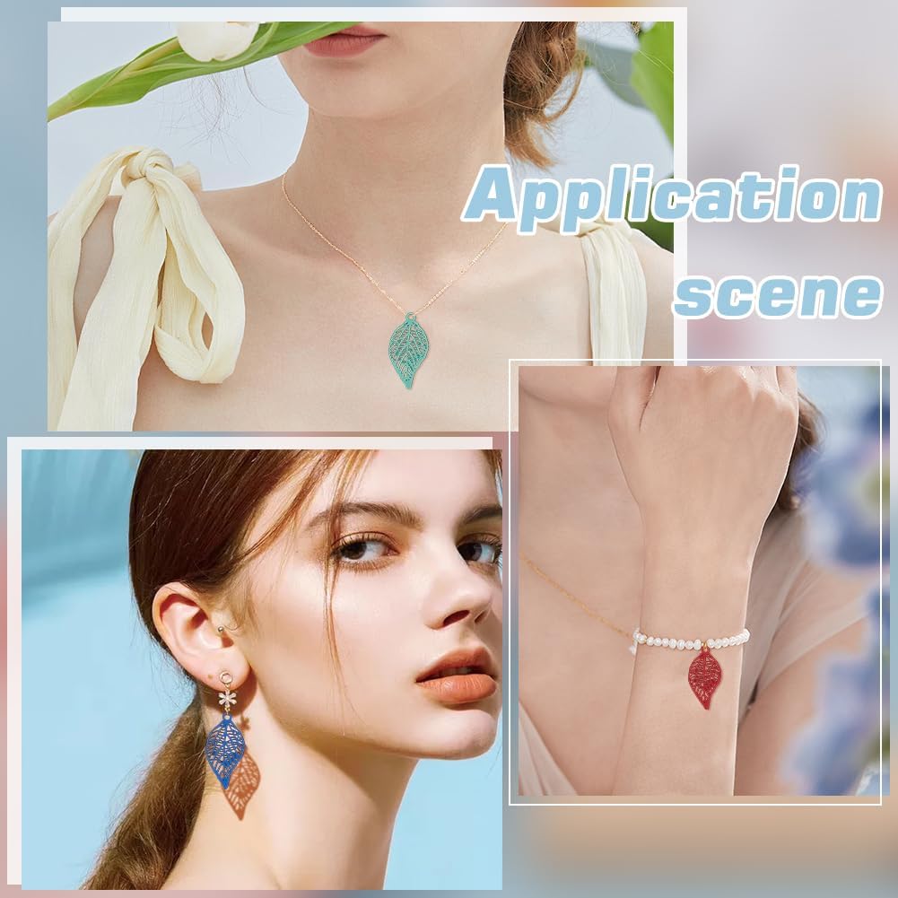 WADORN 120Pcs 6 Colors Rainbow Thin Leaf Filigree Charms, Multi-Color Stainless Steel Leaves Pendants Etched Hollow Leaf Bulk Metal Embellishment for DIY Jewelry Bracelet Necklace Earrings Crafts - Image 3