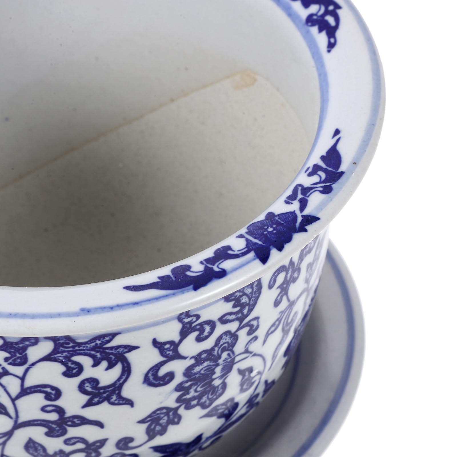 Set 1 Vaso in Ceramica con Motivo Blu Classico, con Vassoio Incluso, Vaso Decorativo per Bonsai e Piante Grasse da Interno da Esterno