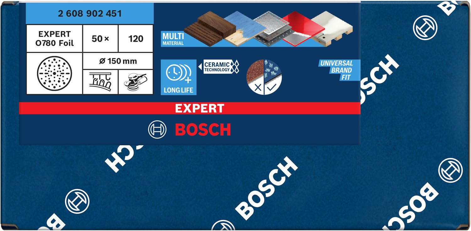 Bosch 55x EXPERT O780 tarcza szlifierska do folii, 150 mm (do twardego drewna, farba na drewnie, Ø 150 mm, ziarnistość 120, profesjonalne akcesoria szlifierka mimośrodowa)