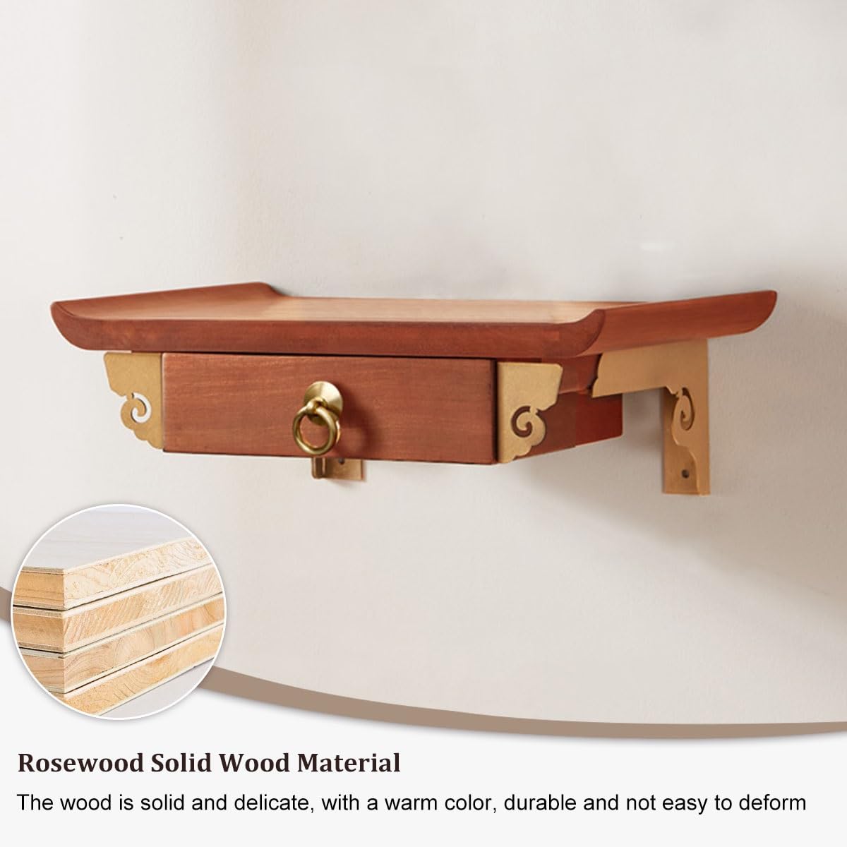 Mesa de altar pequeña de madera maciza montada en la pared, soporte de exhibición de estatua de Buda, mesa de ofrenda Puja, nichos para decoración del hogar