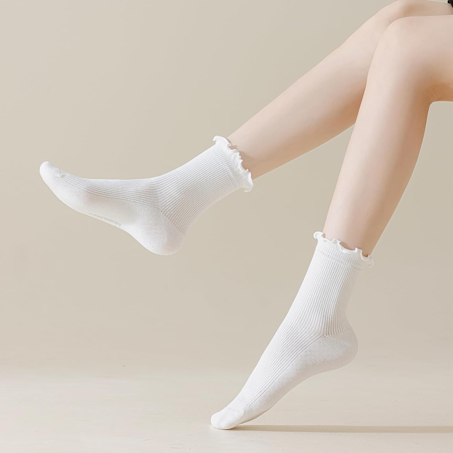 Mcool Mary Womens Crew Socks Ruffle White Casual Cotton Frilly Breathable Cute Knit Lettuce Trim Ankle Socks 6 Pack - Image 3