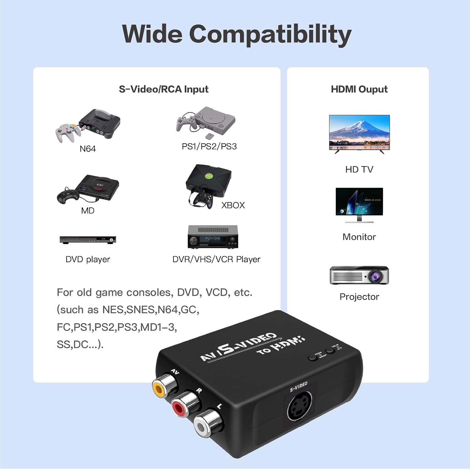 S-Video to HDMI Converter, RCA to HDMI Adapter. | Resolution 720P/480P | Screen 16:9/4:3 Ratio | Supports S-Video or AV Signal Input