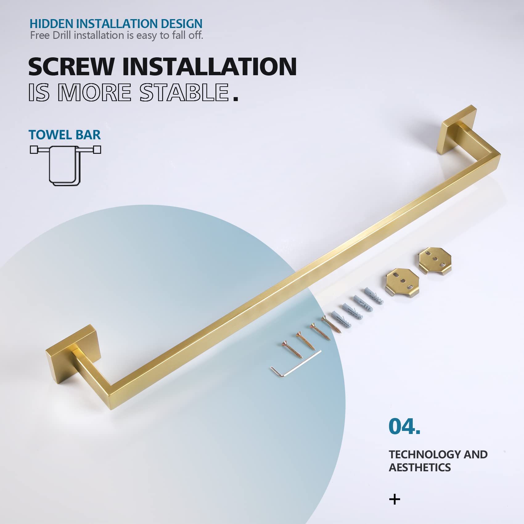 KOKOSIRI 24-Inch Single Towel Bar, Bathroom Kitchen Towel Holder, Wall Mounted SUS304 Stainless Steel Towel Rack, Brushed Gold, B4003BG-L24