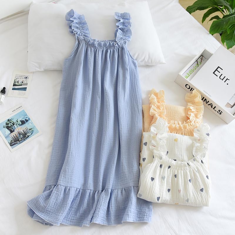 Women's Cotton Gauze Nightgown Sleeveless Ruffle Dress Frill Strap Short House Dress Comfy Sleepdress - Image 6