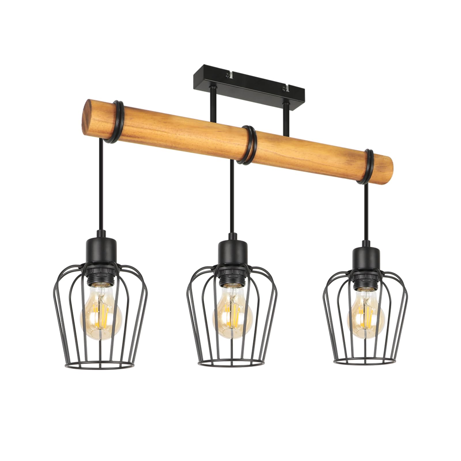 ZMH Plafoniera vintage Lampada da soffitto camera - Nero plafoniera | soffitto in legno e metallo con 3 luci retro portalampada E27 altezza regolabile design industriale illuminazione per interni