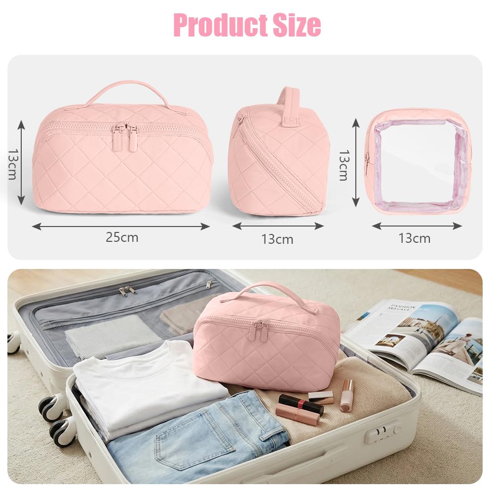 URAQT Trousse de Maquillage Femme Rose, Trousse de Toilette Grande Capacité, Sac Cosmétique de Voyage Léger Lavable en Machine avec Compartiments & Ouverture à Plat, pour Voyage Bureau Quotidien - 2