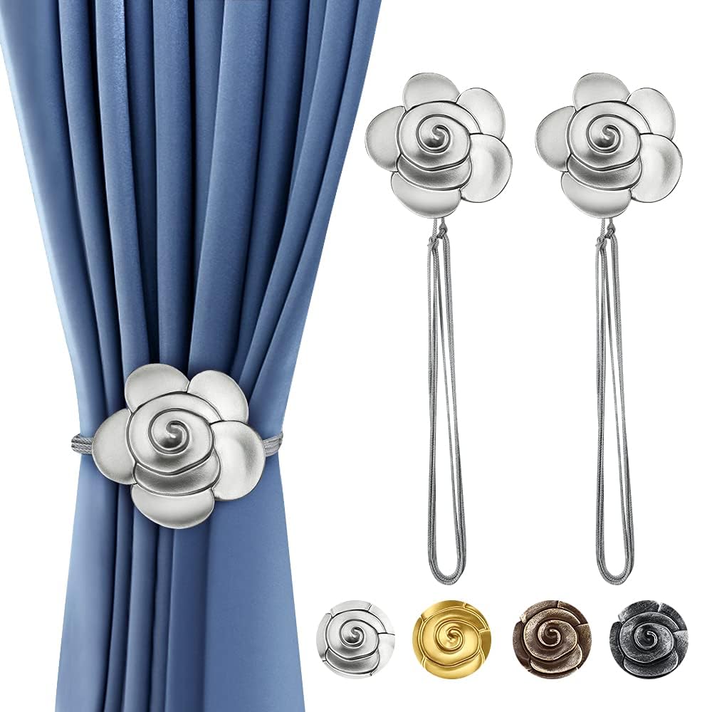 ELECDON Curtain Ties Magnetic, 2 Pack Resin Flower Curtain Tiebacks Vintage Curtain Drapery Holdbacks, Magnetic Window Drapery Decorative Holders with Rope for Outdoor, Home, and Office (Gray)