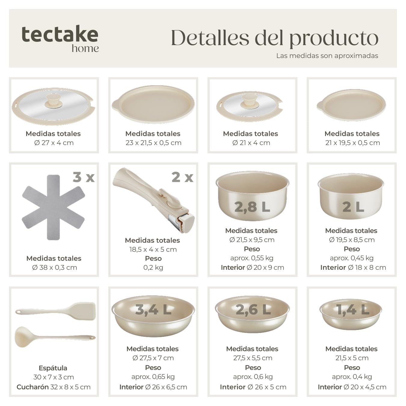 tectake® Juego de Cocina 16 Piezas Apto para Inducción, Incluye 2 Ollas Cocina Grandes, 3 Sartenes, Todo con Recubrimiento Cerámico Antiadherente y con Asas Extraíbles, Cocinas Completas - Blanco
