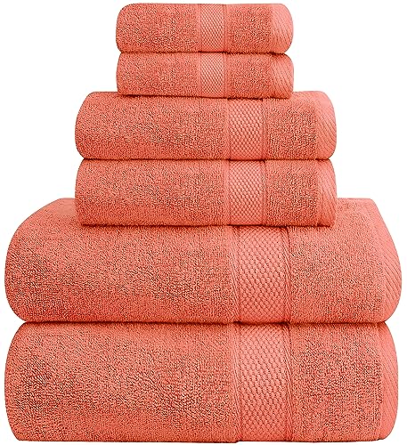 Oakias Premium Towel Set 600 GSM 6 Piece Coral - 100% Ring Spun Cotton Highly Absorbent Towels Set - Super Soft Bathroom Towel Set - Hotel Quality Double Stitched Hem - Ideal for Hotels Spa Gyms