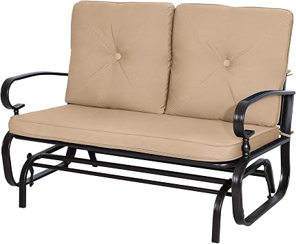 في الهواء الطلق Loveseat الفناء سوينغ طائرة شراعية مقعد 2 مقاعد كرسي هزاز، مجموعة كرسي الحديد المطاوع مع وسادة بنية