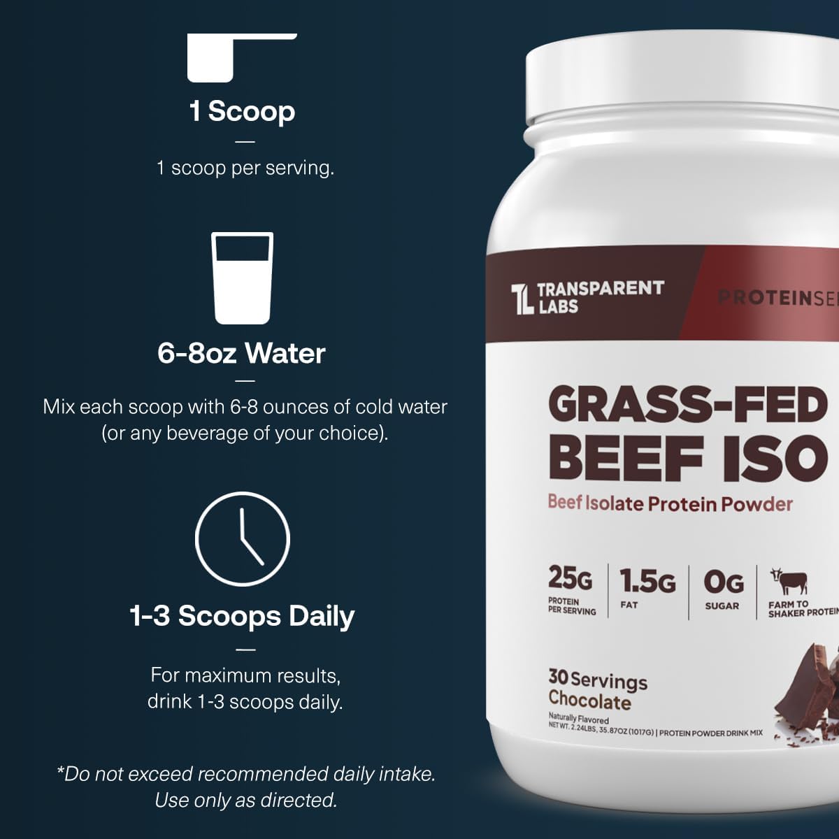 Transparent Labs Grass-Fed Beef Isolate Protein Powder – Naturally Flavored, Dairy-Free Protein with 25g of Protein per Serving for Increased Recovery & Strength - 30 Servings, Chocolate