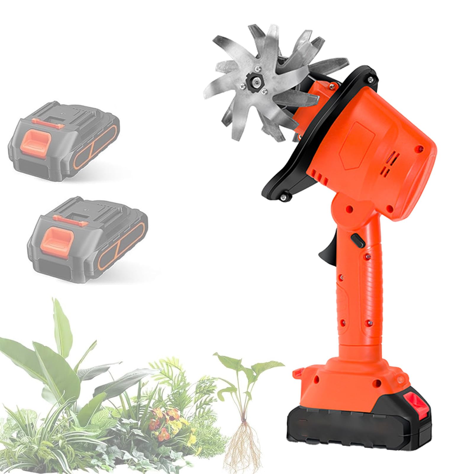 Pnpaea 21V Cordless Tiller & Cultivator,550W Battery Powered Handheld Garden Tiller, Rechargeable Tiller Cultivator with 2 Battery & Charger for Lawn, Vegetable Garden Orange-red-