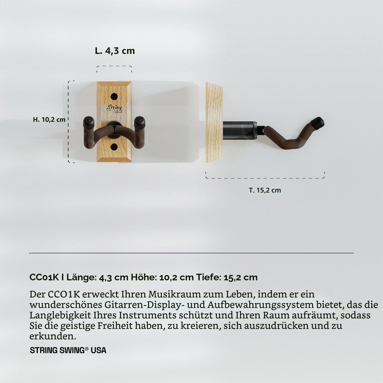 String Swing Gitarrenaufhänger - Halter für E-Akustik- und Bassgitarren - Ständer Zubehör Zuhause oder Studio Wand - Musikinstrumente sicher ohne Hartschalenkoffer - Eiche Hartholz CC01K-O 2er-Pack
