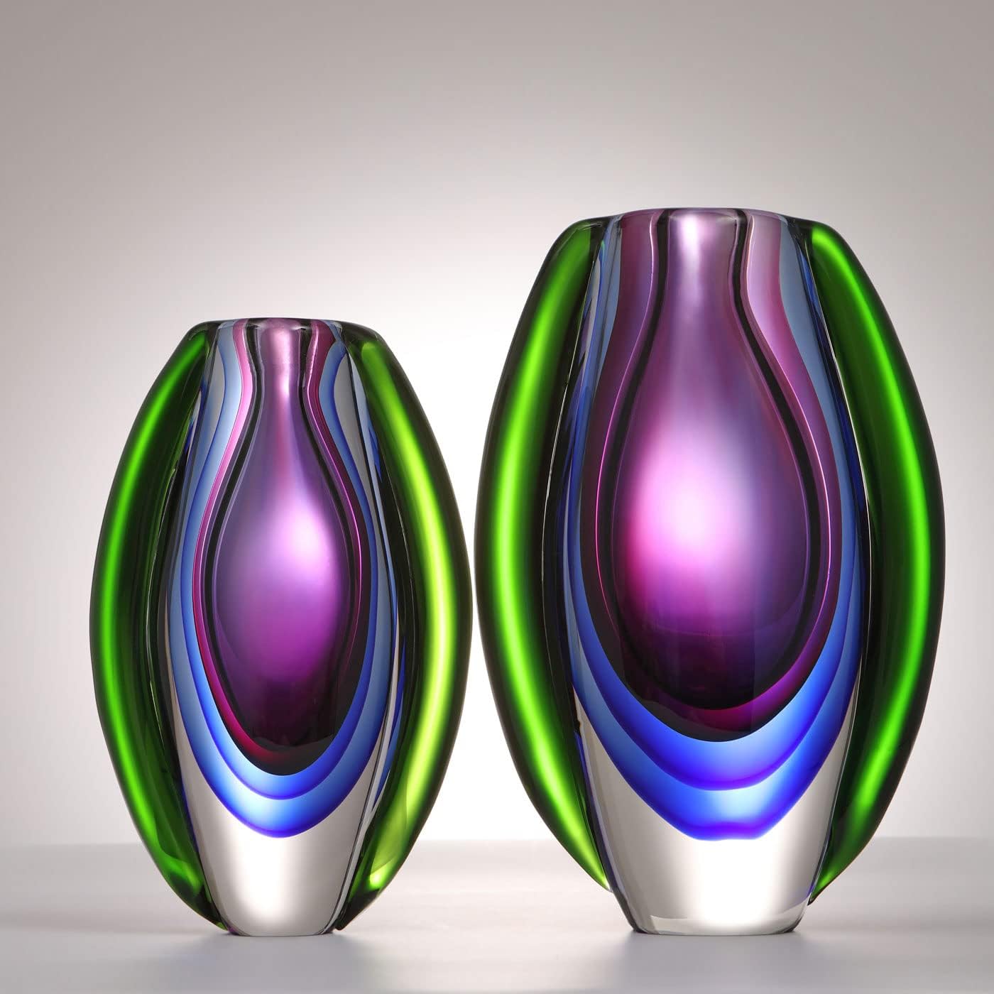 Luxury Lane Hand Blown Sommerso Oval Art Glass Vase for Decor Centerpiece Table Decoration Purple 8.5 inch Tall