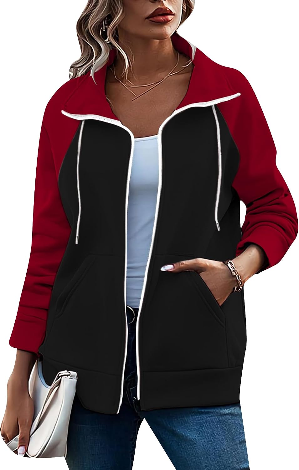 OMZIN Women's Color Block Blouses Zip Up Shirts Pocket Long Sleeves Jacket Coats