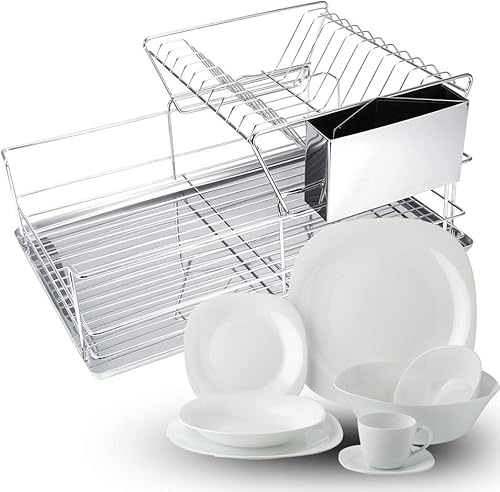 Miniatura 7 de Escurridor de platos, escurridor de platos de 2 niveles con escurridor, escurridor de platos de acero inoxidable con soporte para cubiertos para