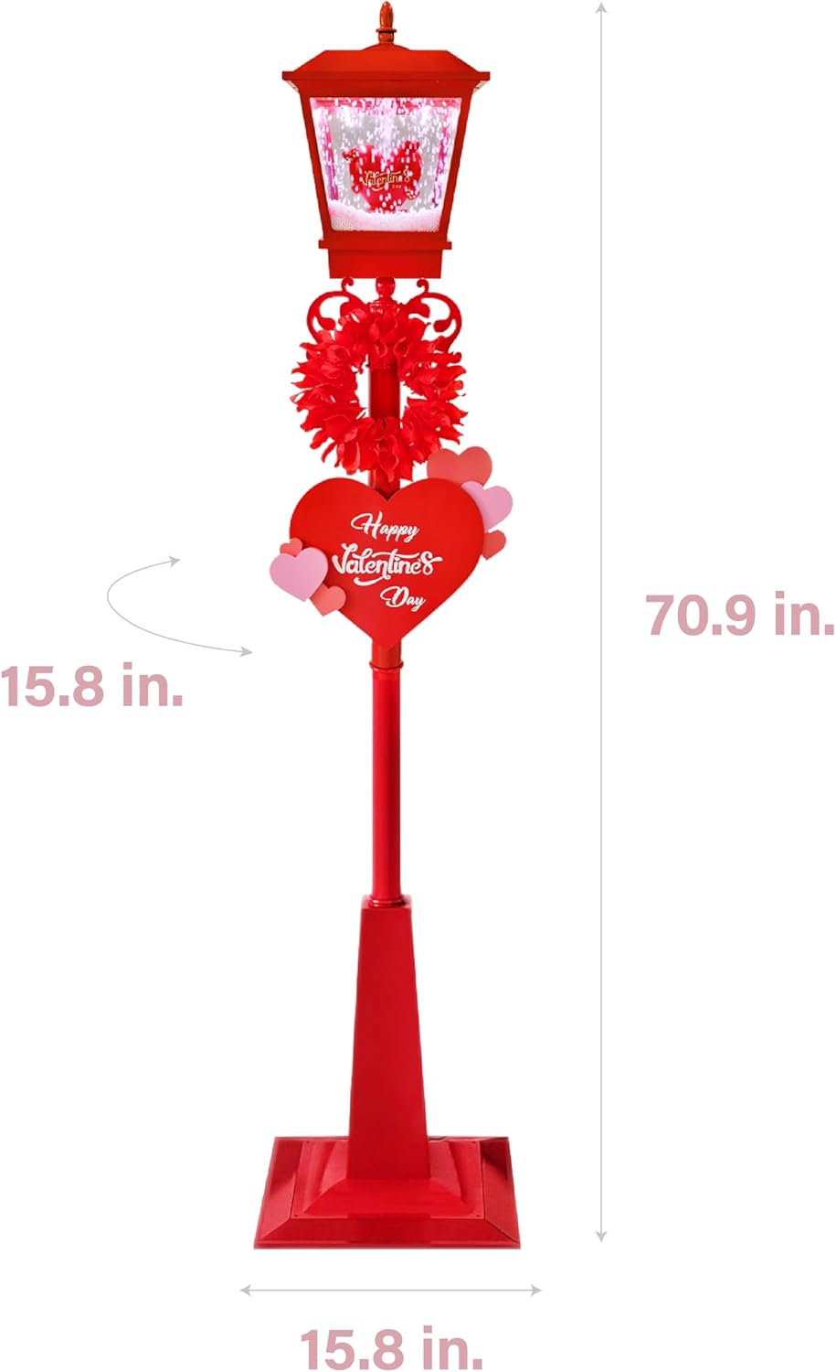 Fraser Hill Farm 70-in. Musical Snowy Valentine's Day Street Lamp Lantern with Hearts, Cascading Snow Lamp with Lights and Sound, Festive Holiday Home Decor in Red