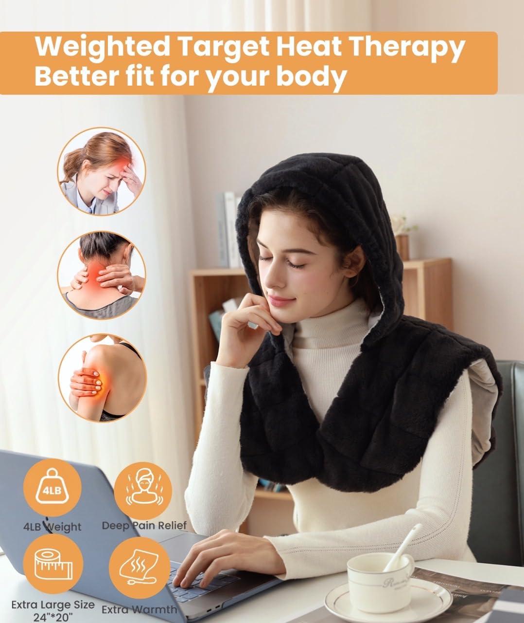 Weighted Hooded Heating Pad for Neck and Shoulders, Extra Large Electric Heat Pad for Deeper Pain Relief, 24