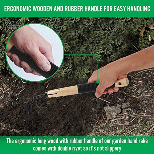 Garden Rake with Ergonomic Wooden Handle for Firm Grip, Military Grade Steel Gardeners Tine Cultivator Wood Japanese Ninja Claw Rake for Perfect Pulverized and Aerated Soil, Gardening Weeding