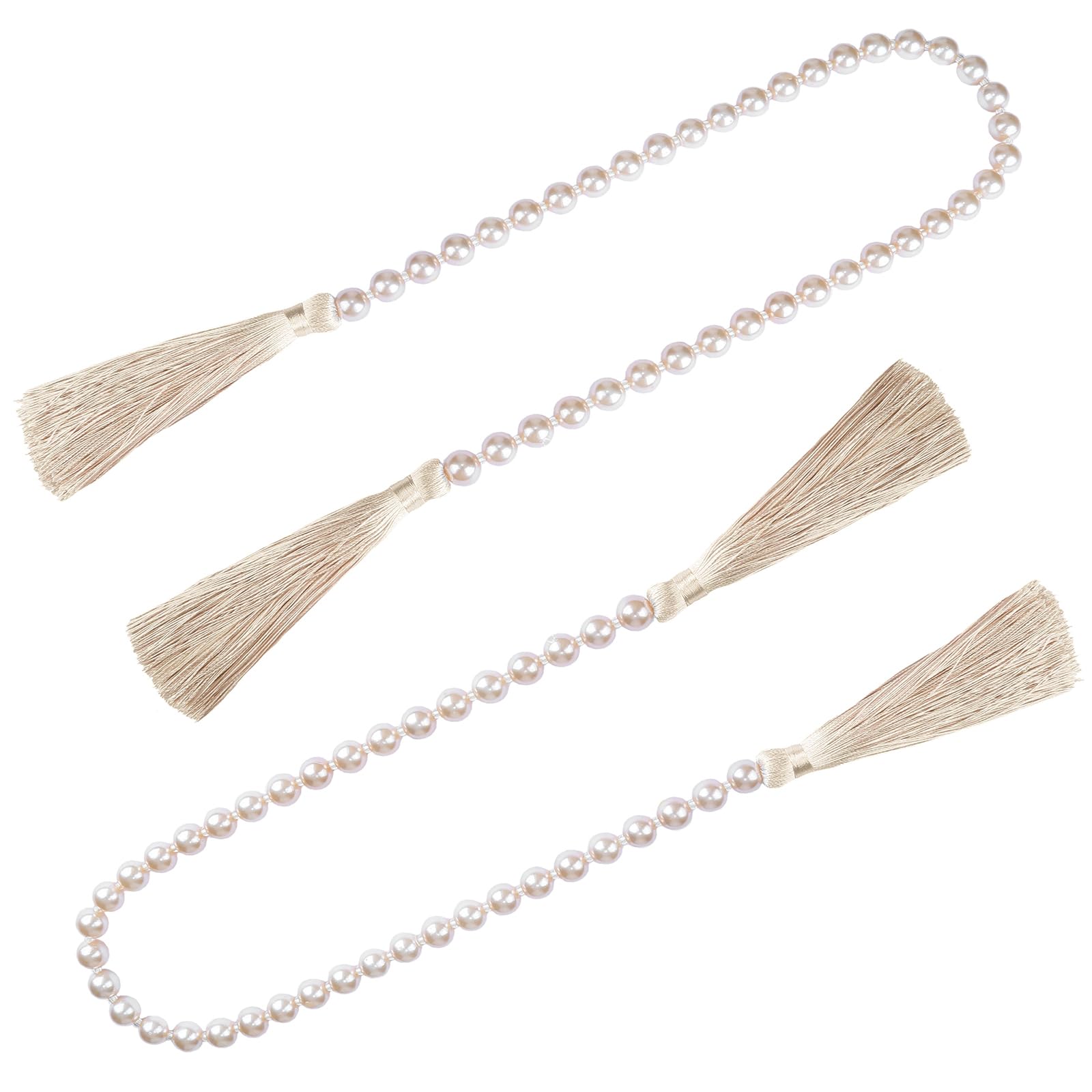Fenghuangwu 34 Inch Glass Bead Garland with Tassels - Elegant Boho Table Decor, Fringe Wall Hanging for Wedding, Party, Farmhouse Rustic Prayer Bead Home Decoration(2 Pack,Off White)