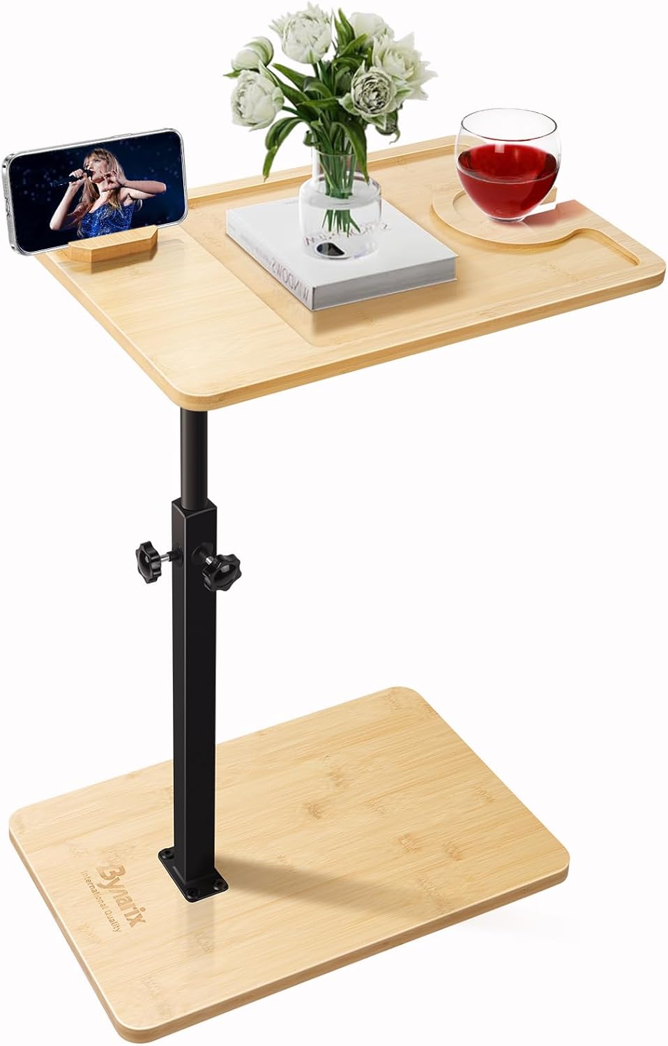 TV Tray Table, C Shaped End Table Adjustable Height Sofa End Side Table Bamboo Rounded Corner for Laptop TV Tray Snack Sofa Living Room Bedroom, Wood Brown (Photo different color). 