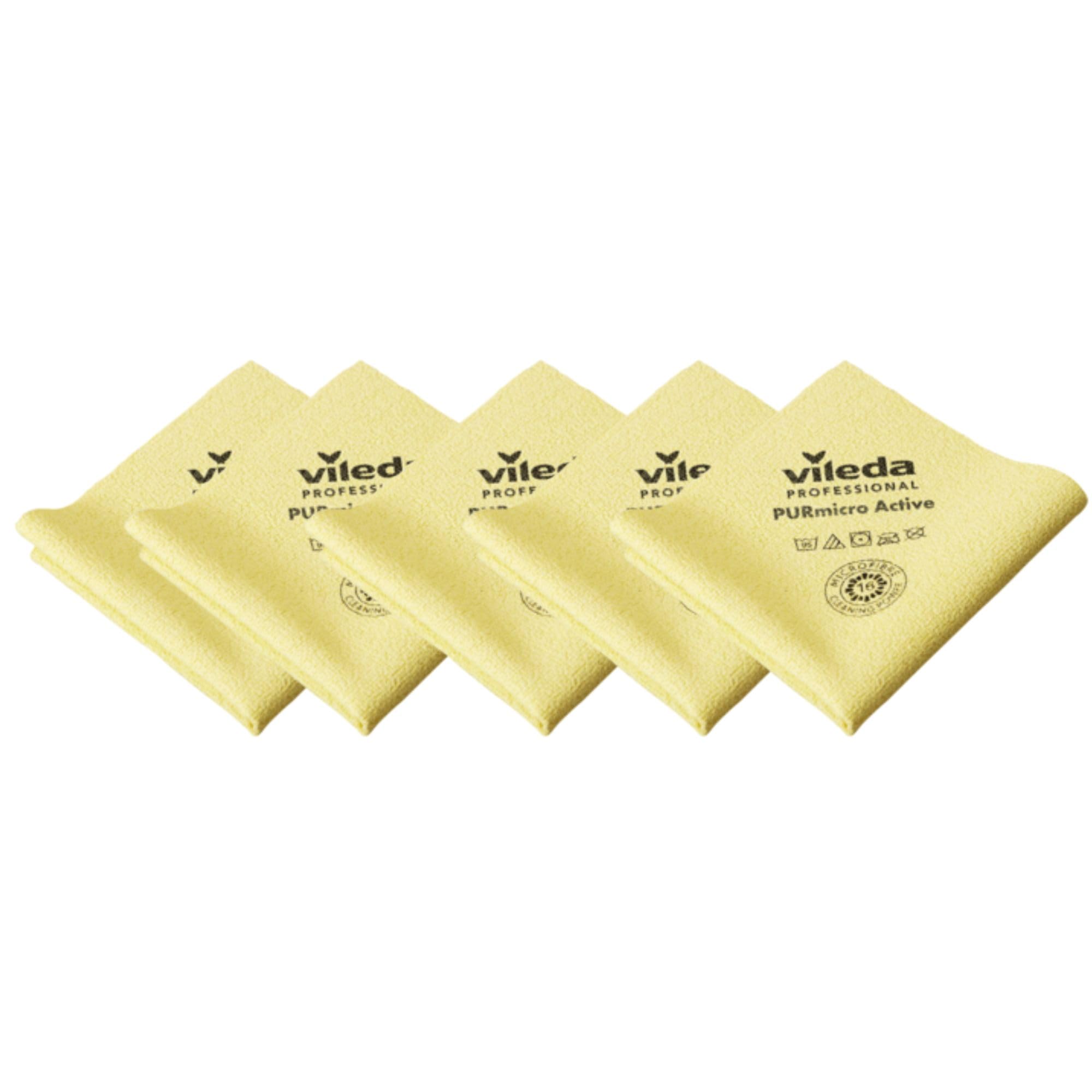 Vileda Professional PURmicro Active Cloths,Yellow 5-Pack, High‑Performance Microfibre with PUR Coating for Fast,Streak‑Free,High‑Absorption Cleaning on Glass,Stainless Steel & Smooth Surfaces(38x35cm)