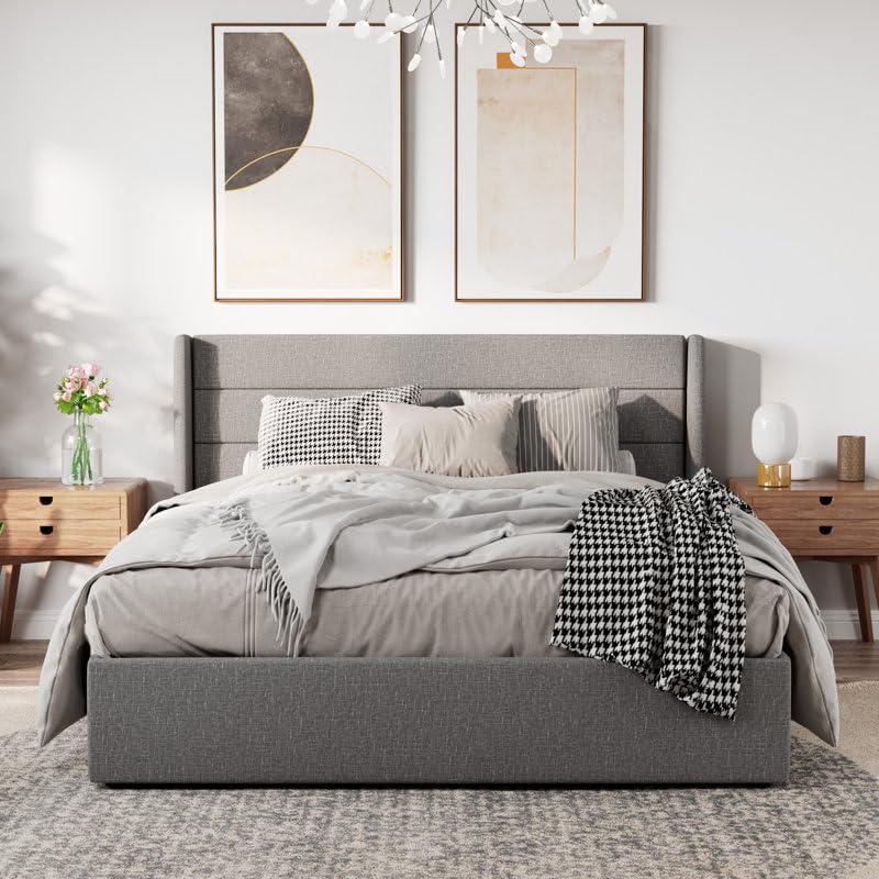 HITHOS Furniture Modern Upholstered Queen Size Platform Bed with Box Storage Wooden Double Bed Cot Palang for Bedroom Living Room Home (Dark Grey) 1 Year Warranty-image-22