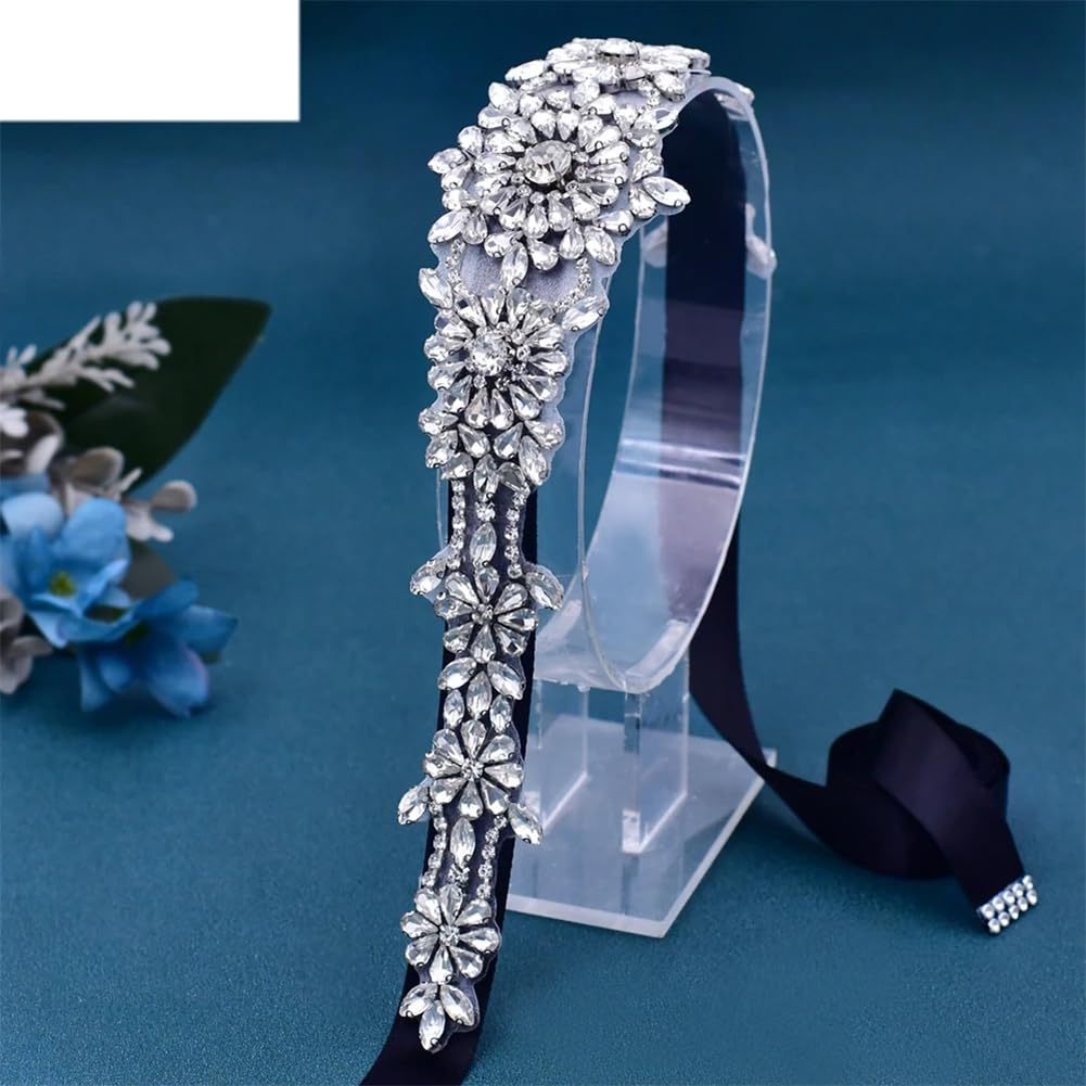 Cinturón largo de boda con diamantes de imitación plateados, accesorio para vestido de noche, cinturón de lazo para el día de San Valentín