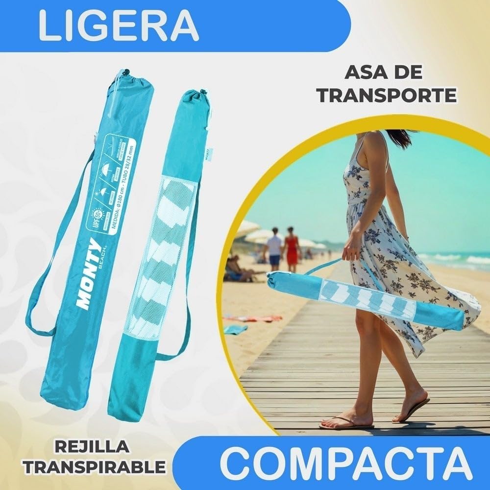 LOLAhome Sombrilla playa 240 cm y soporte arena, protección UV+50, sombrilla antiviento, varillas flexibles, techo ventilación, mástil inclinable y regulable altura, bolsa transporte