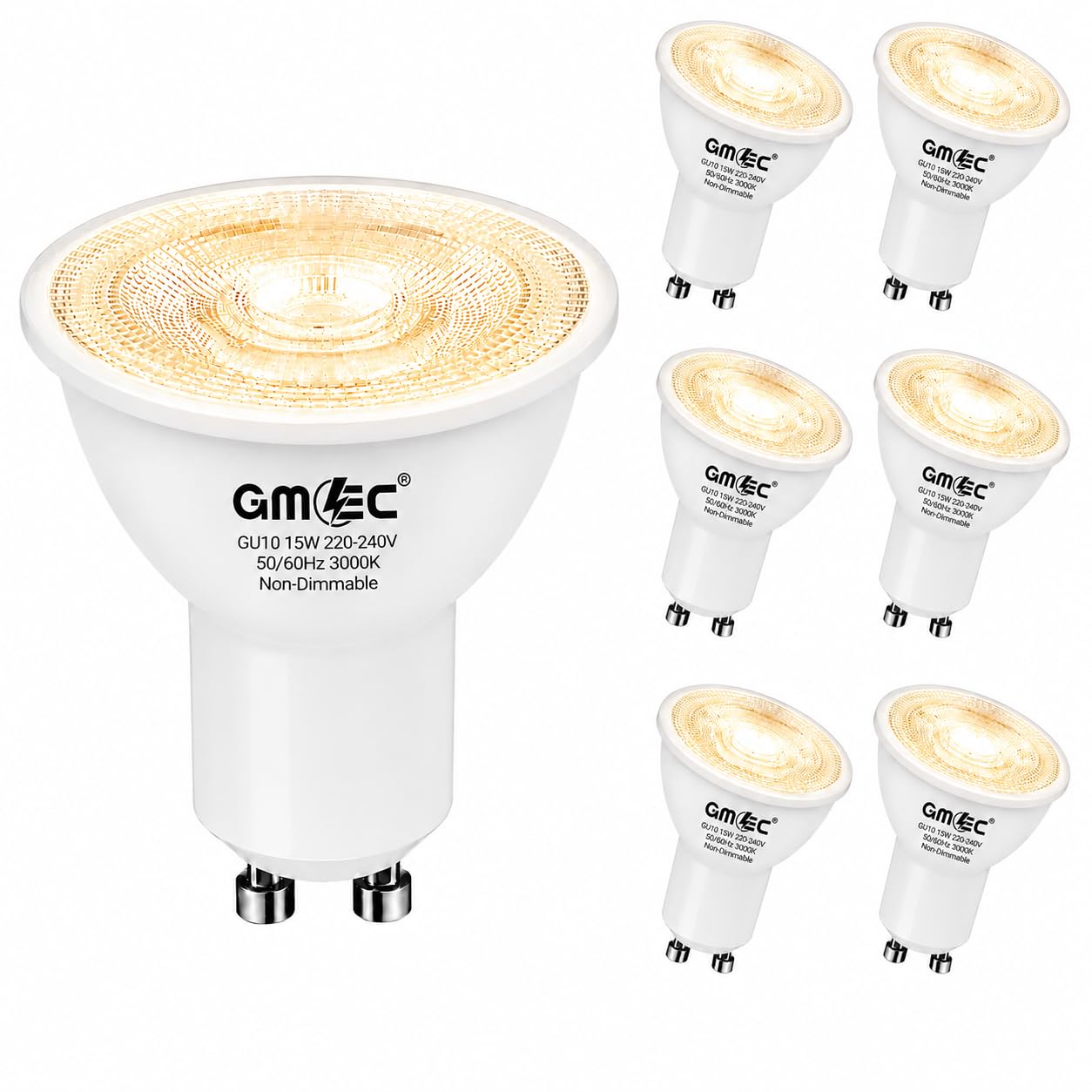 GMEC 15W GU10 LED Bulbs Warm White 3000K, 1460 Lumens LED Spotlight Bulbs, Non Dimmable Energy Saving GU10 Light Bulbs 50 x 67mm for Bedroom, Living Room and Ceiling Spotlights, Pack of 6