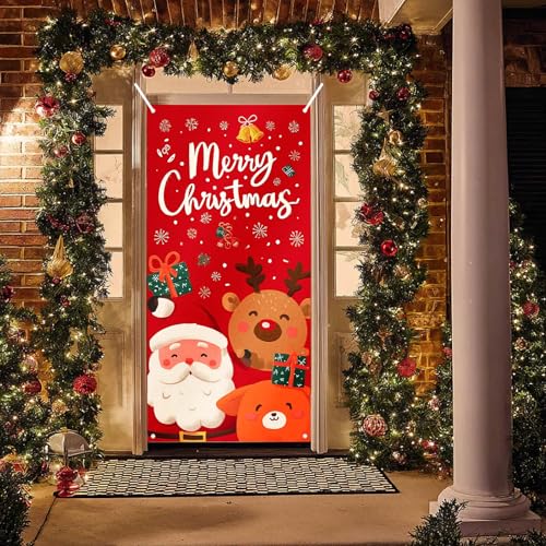 Image of BlissYard Christmas Door Cover Santa Reindeer Dog 35x71 Inch Polyester