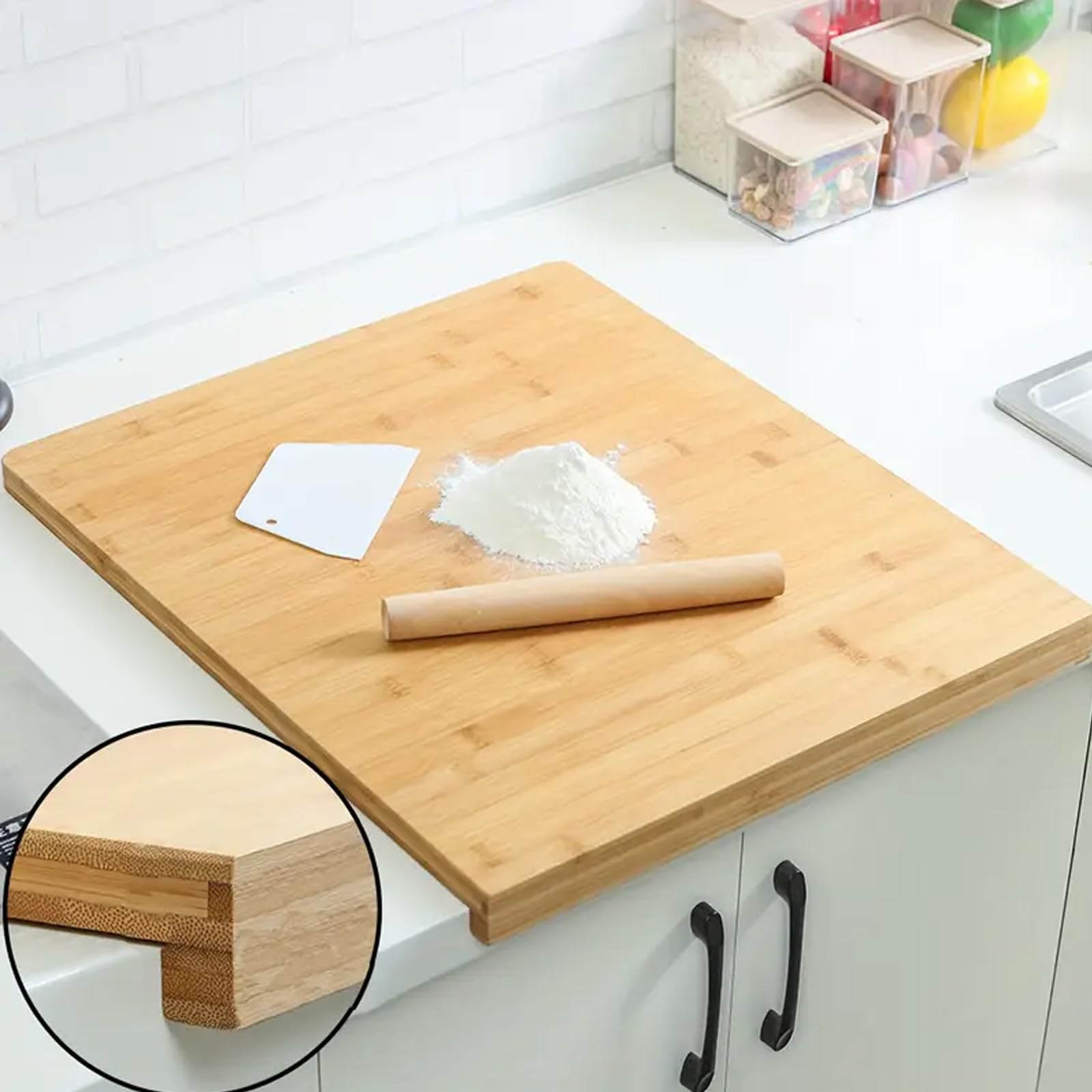 Tabla de cortar reversible de bambú de 50 x 30 cm, tabla de madera para repostería y amasado con ranura para encimera de cocina, ideal para preparación de pan y alimentos