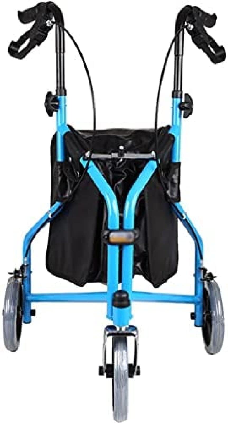 Deambulatore deambulatore per anziani e disabili, design a tre ruote con freno a mano, altezza regolabile, pieghevole, borsa portaoggetti in poliuretano, struttura in metallo resistente