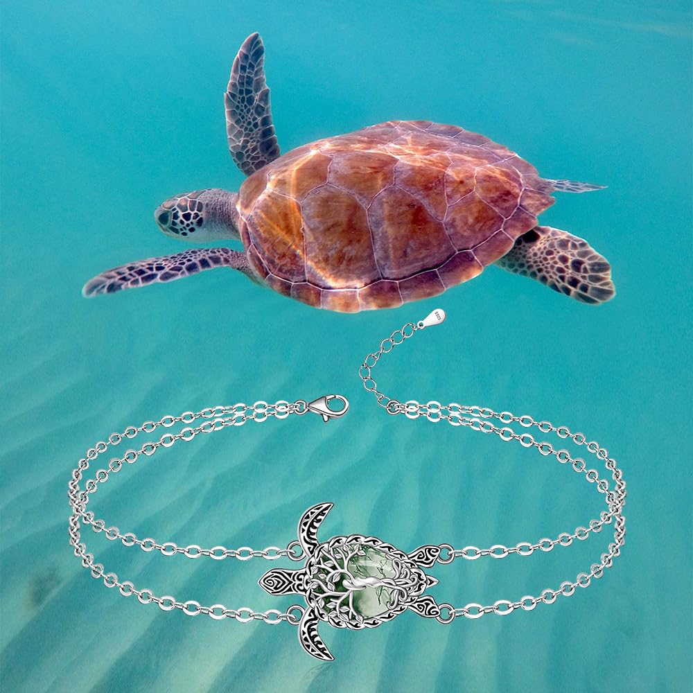 Cavigliera tartaruga in agata muschio, albero della vita, tartaruga, cavigliera da donna, in argento Sterling, oceano, spiaggia, mare hawaiano, gioielli regalo