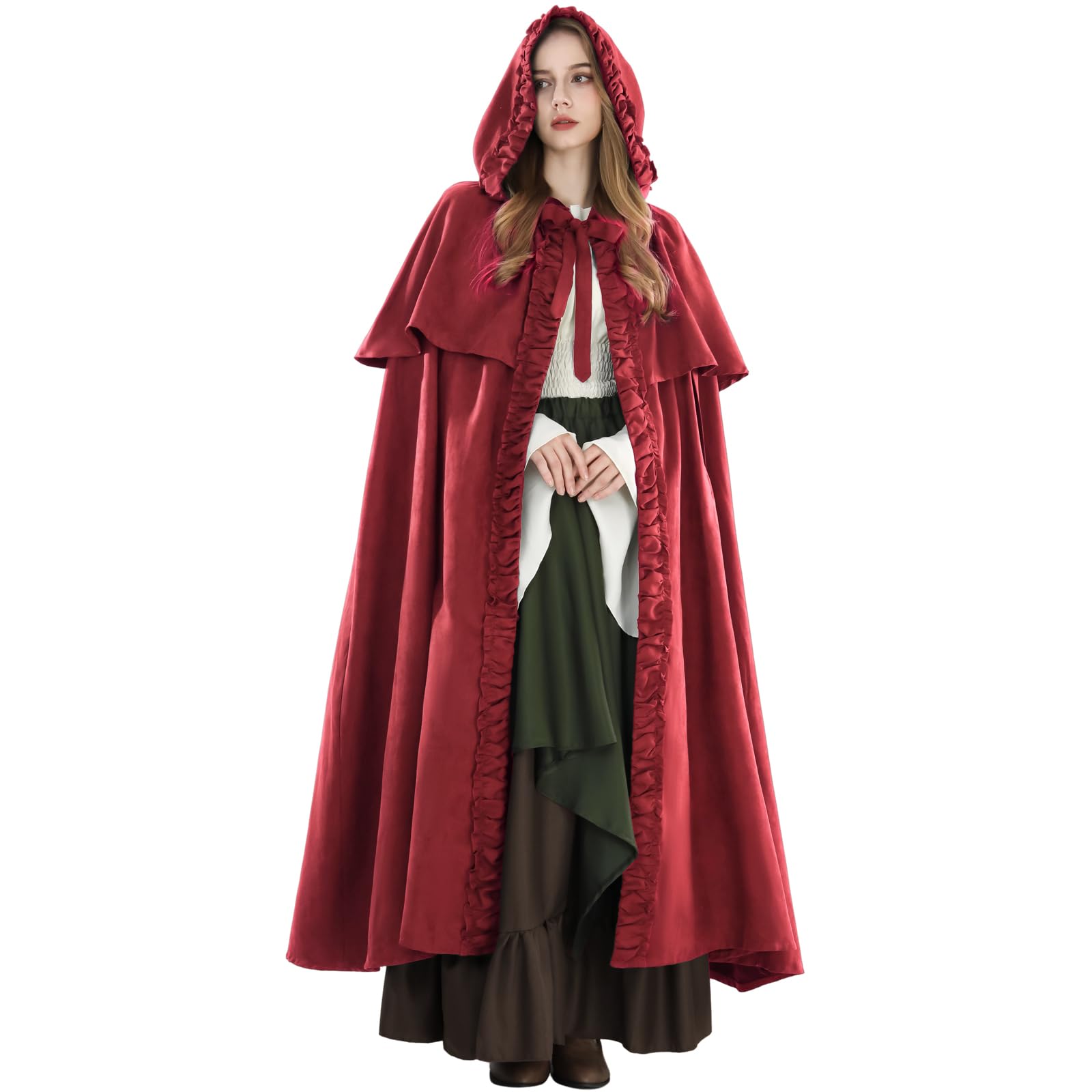 Fiamll Mittelalter Umhang Damen Kapuze Mantel mit Manschette Einfarbige Trenchcoat Renaissance Vampir Umhang Gothic Cosplay Cape Halloween Kostüm