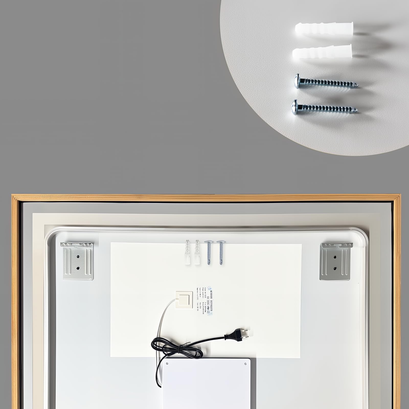 Specchio da parete a LED 70 x 100 cm con cornice in legno – Illuminazione incorporata luce calda o bianca – Pulsante touch, funzione disappannamento e striscia LED impermeabile – ideale per