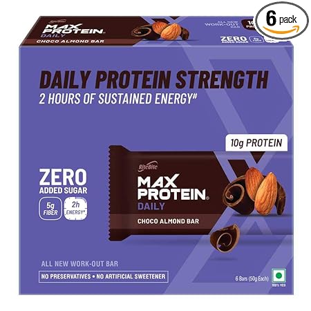 RiteBite Max Protein Daily Choco Almond 10g Protein Bars [Pack of 6] Protein Blend, Fiber, Vitamins & Minerals, No Preservatives, 100% Veg, No Added Sugar, for Energy, Fitness & Immunity - 300g