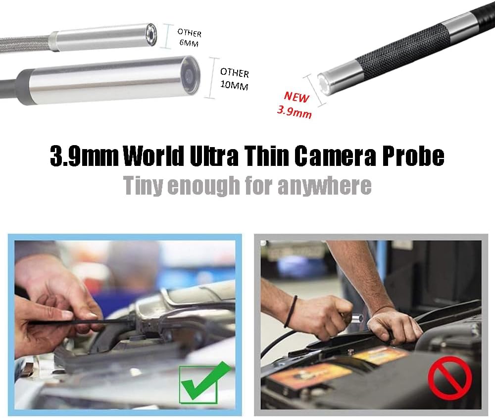0.15in (3.9mm) Ultra Thin Two-Way Articulating Turnable Borescope with Dimmable Light, Flexible Cable, Screen Rotation, Waterproof Probe, 3-Step Zoom
