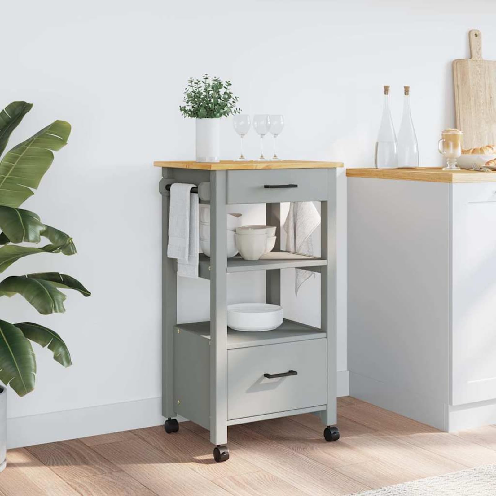 Carrello da Cucina Monza 48x40x88,5 cm in Legno Massello di Pino