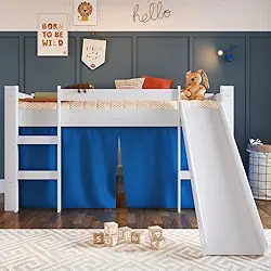 Cama Infantil Elevada com Escorregador e Cortina Completa Móveis Branco/azul